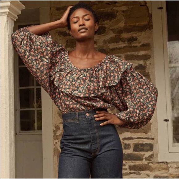 Doen Tops - Doen Cielito Ruffle Top in Teal Size M Canterbury Paisley Print Cottagecore NEW